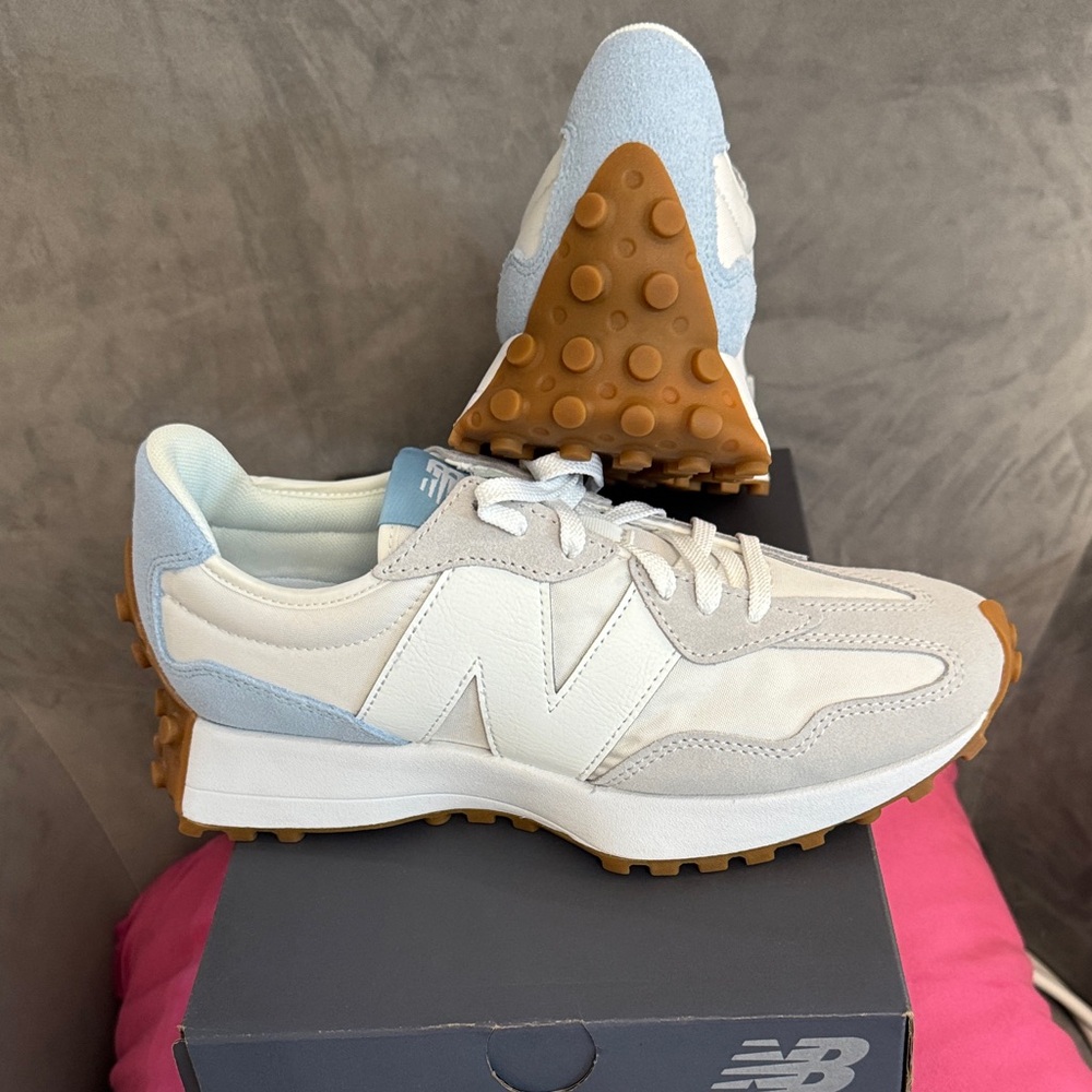 New Balance White and Light Blue Athletic Shoes